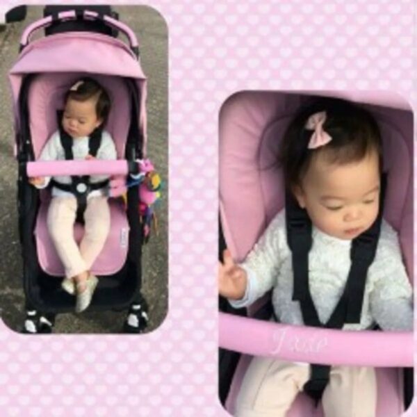 Kundenfoto: rosa Kinderwagen mit rosa Lederbezug für den Bügel von Re-Covers