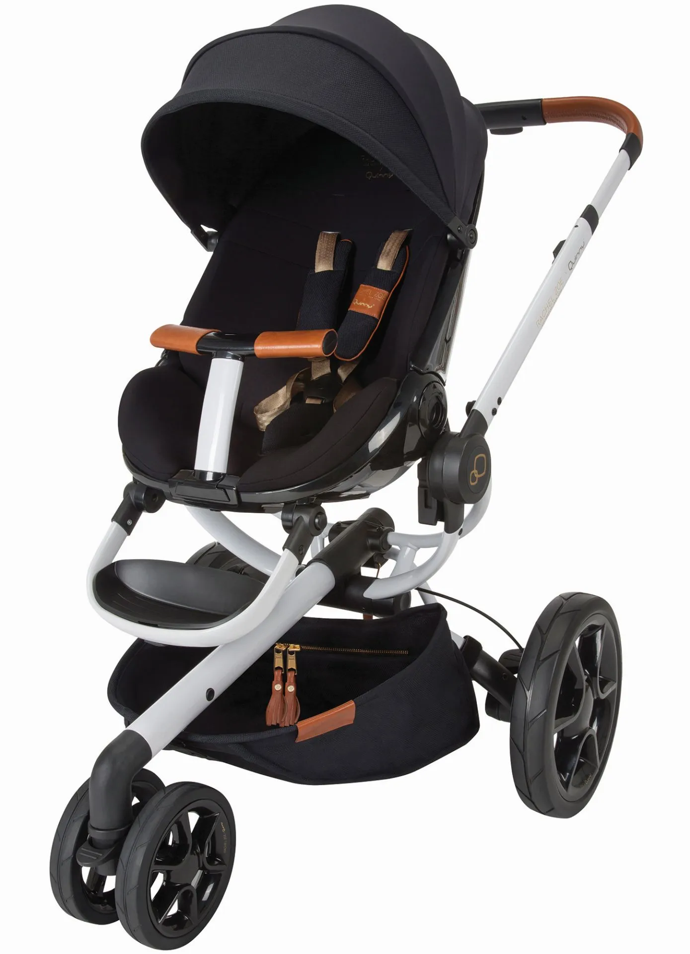 Quinny Moodd Kinderwagen mit Griff- und Tragebügelbezug aus Leder